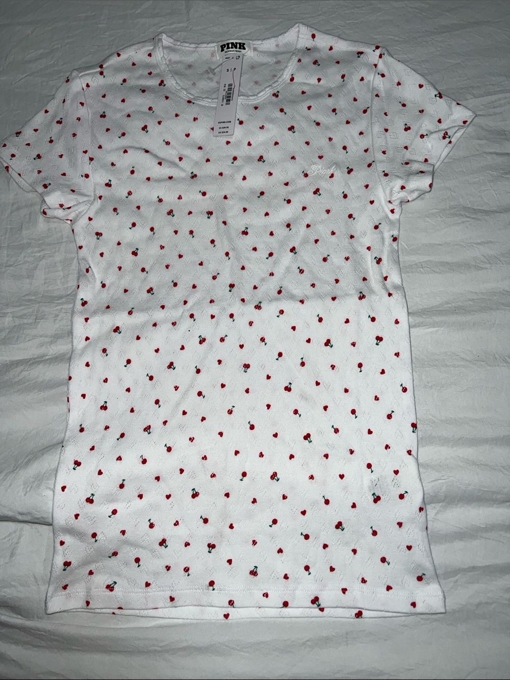 PINK Victoria's Secret White Tee with Red Cherry Motif